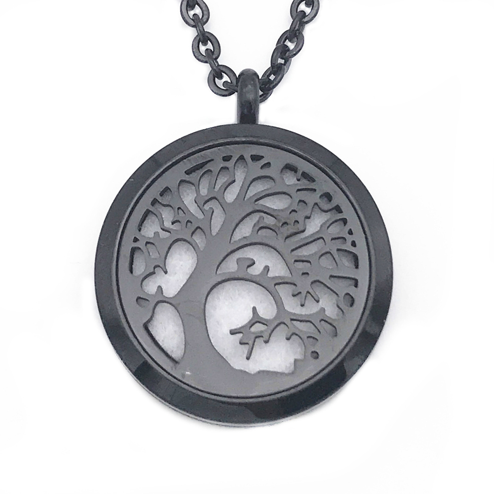 Aromatherapy Essential Oil Diffuser Necklace Black Tree of Life Stainless Steel
